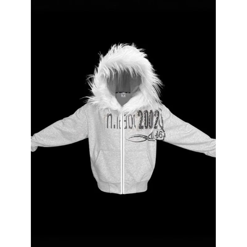 เสื้อแจ็คเก็ตมีฮู้ดคอขนสัตว์ทรงหลวมสไตล์ยุโรปและอเมริกา ย้อนยุค สตรีทแฟชั่น Y2K