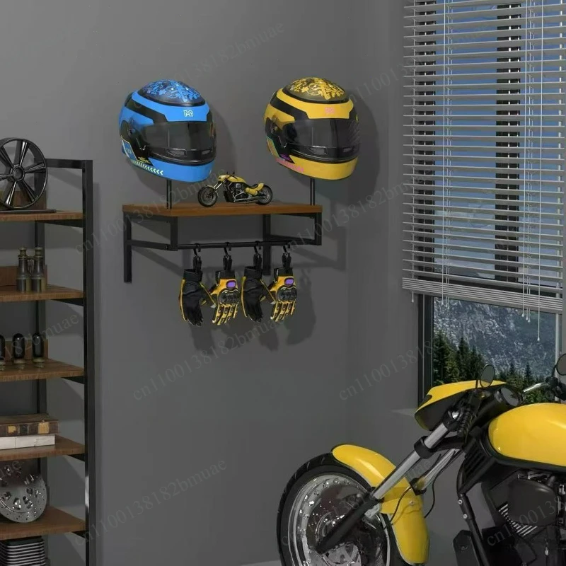 For Motocross Bicycle Accessories Motorcycle Helmet Wall Mount Wooden Shelf with Adjustable Hooks Sturdy Durable Storage