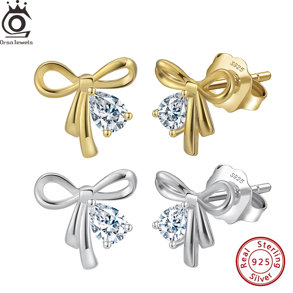 

Серьги-гвоздики ORSA JEWELS с изящным бантом из кубического циркония, модный минималистичный стиль, свадебные, из стерлингового серебра 925 пробы, украшение для ушей в виде банта, SE409