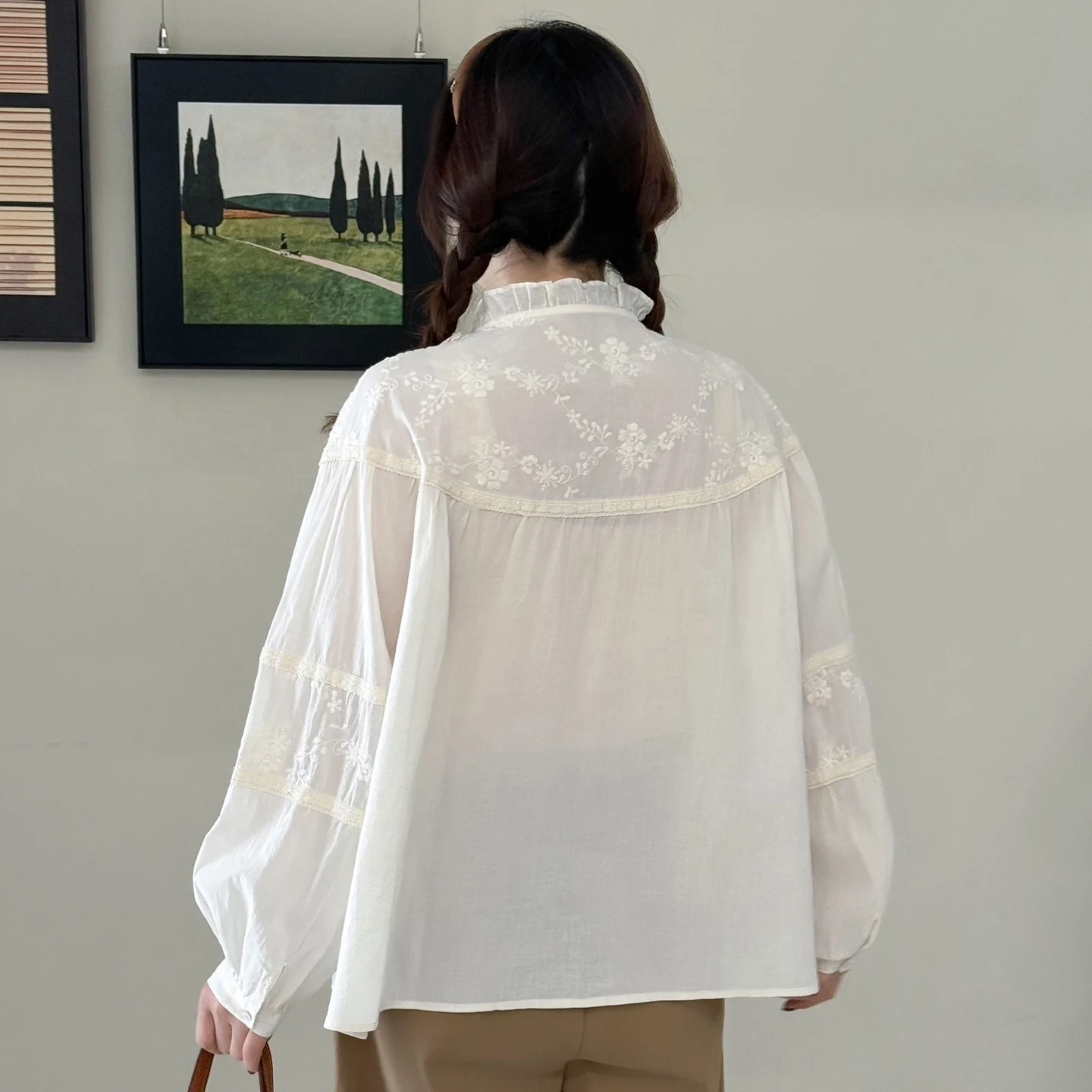 Sweet Girl Style Long Sleeve Embroidered Shirt Women's Gentle Tie Doll Top Anti-Aging Cotton Pure Fabric Loose Fit Petal Collar