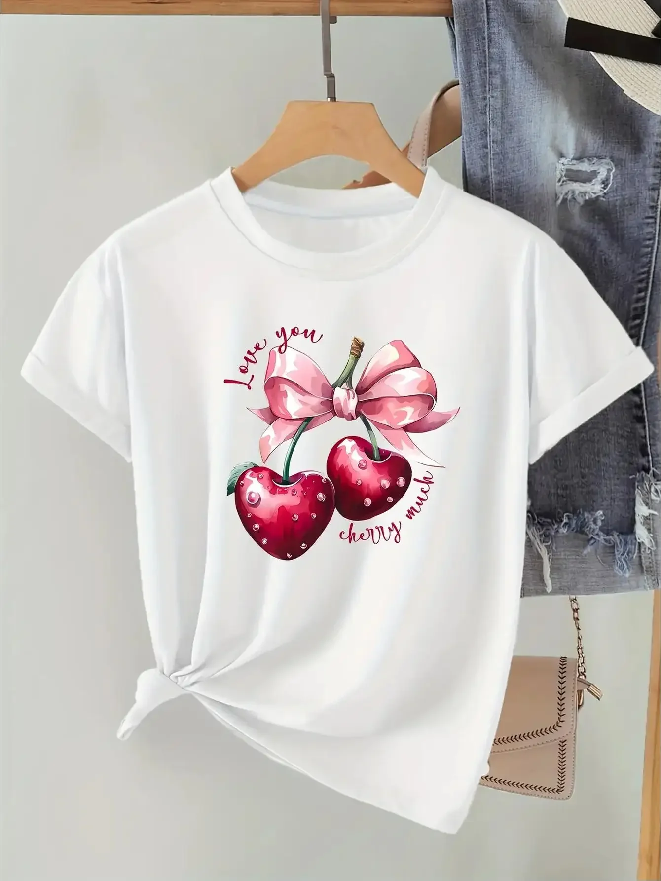 Women's Casual Summer with Strawberry Ribbon Design Round Lightweight Season Available Multiple Colors Playful Lightweight