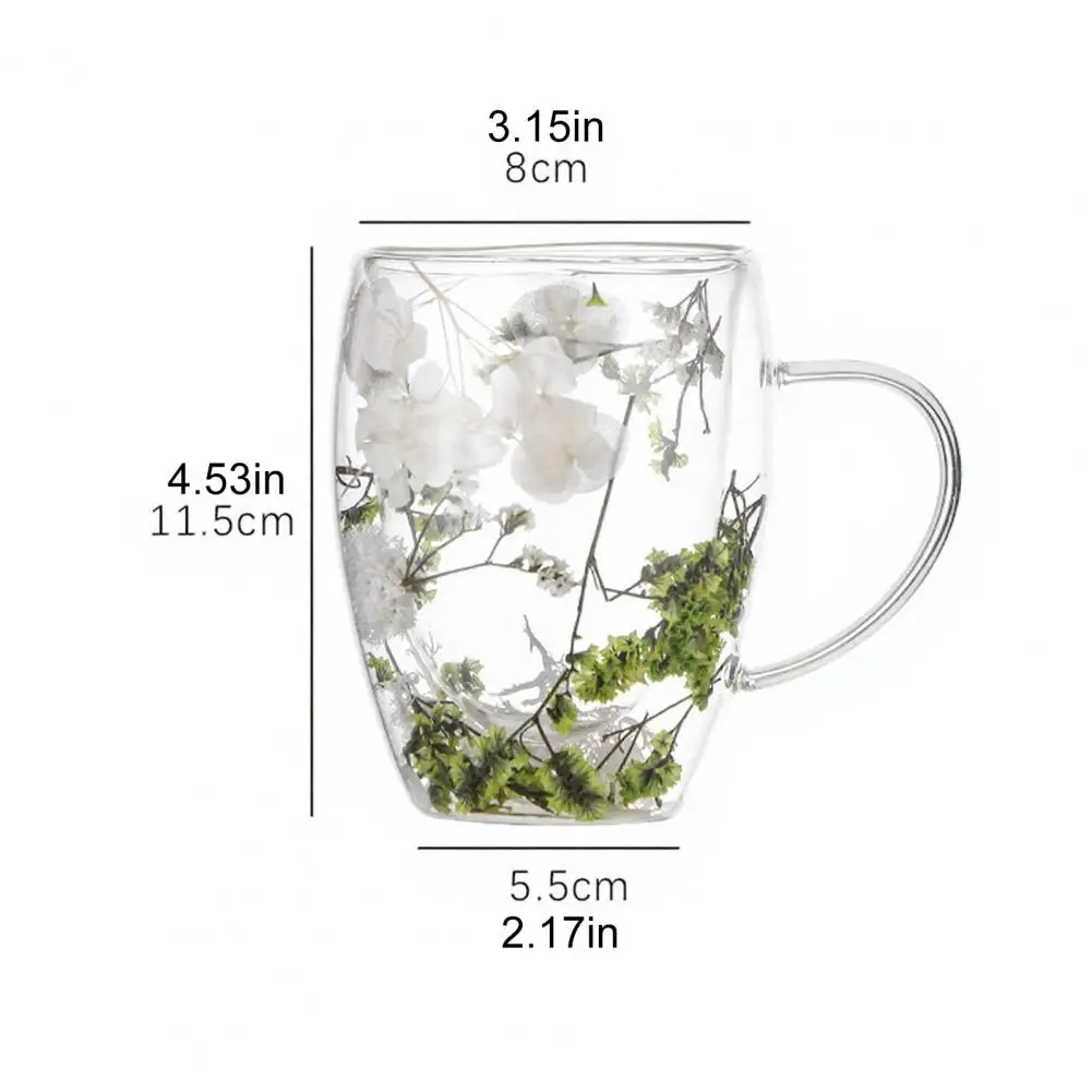 350ML Double Wall Glass Coffee Mug Dries Flower Insulated Glass Cup with Handle Clear Espresso Latte Cappuccino Milk Juice Tea W