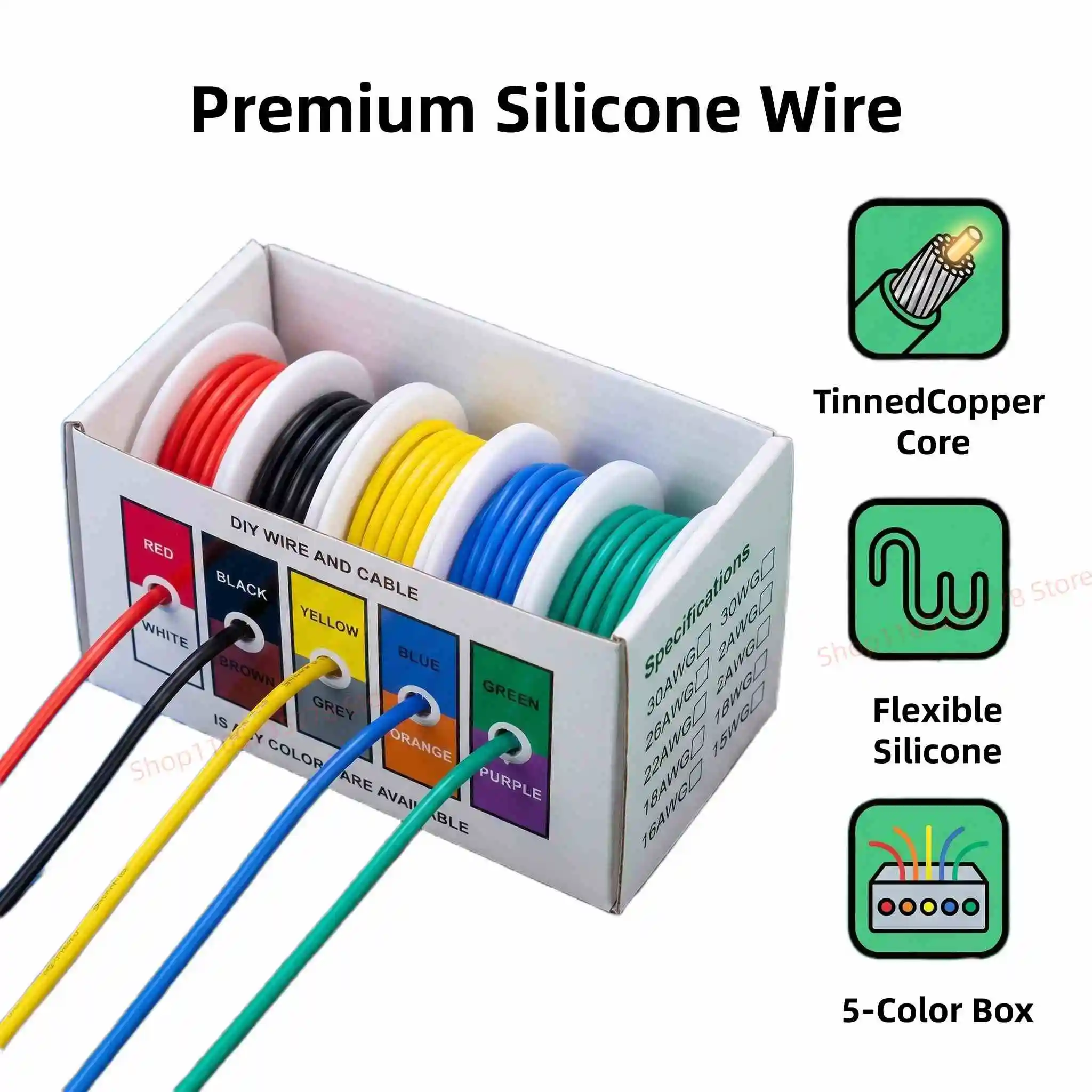（5 Colors Mix Kit）Silicone Insulation Tinned Copper Cable Stranded Electrical Line 30/28/26/24/22/20/18/16 AWG PCB Wire