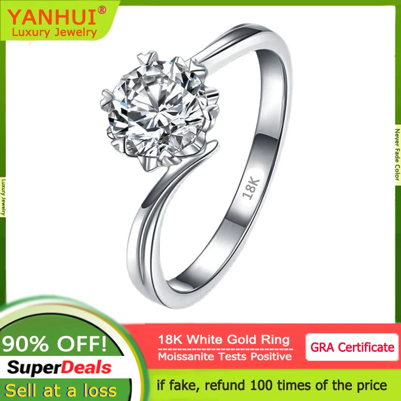 

YANHUI With Credentials 18K White Gold Rings Heart Claws VVS 1 Carat D Color Moissanite Diamonds Rings for Women Wedding Jewelry