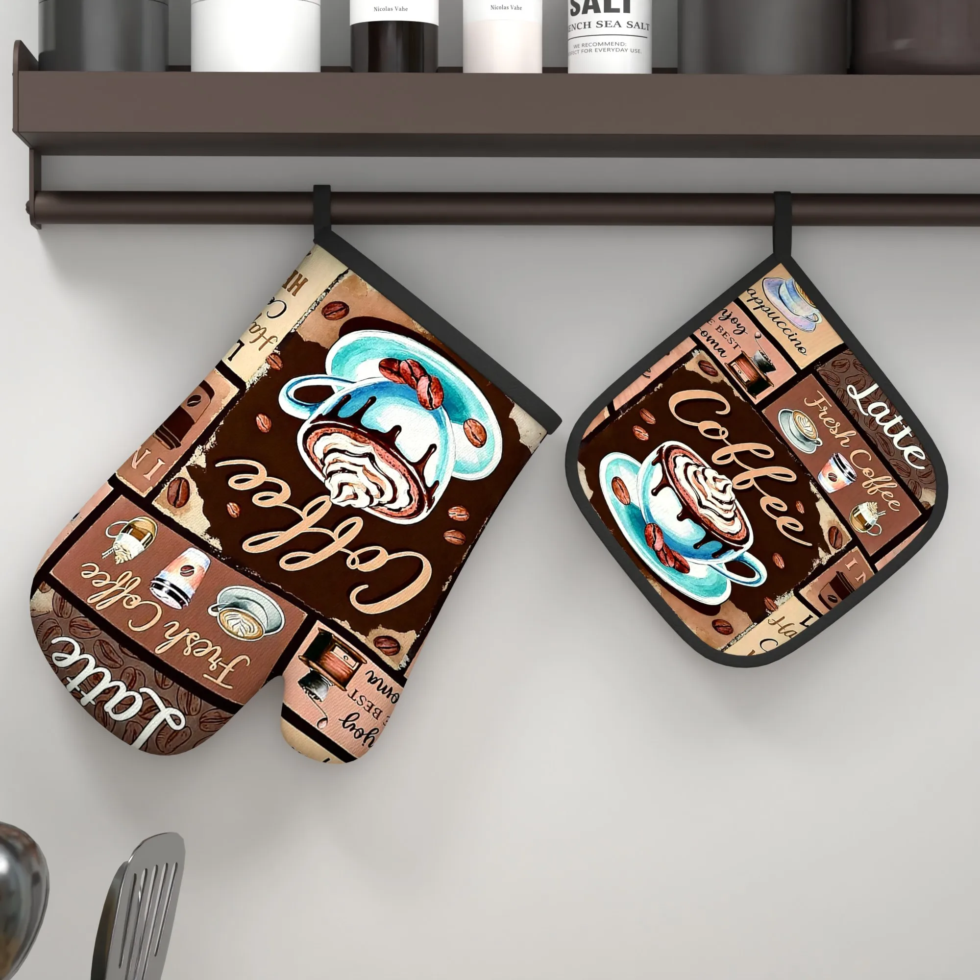 1 Set of 2pcs Heat-Resistant Oven Mitts And Coffee Pattern Pot Holders, Measuring 10.6 X 6.7 Inches, Perfect for Kitchen Decor