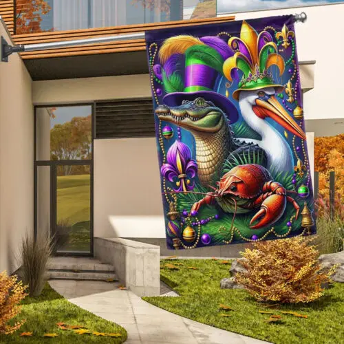 Mardi Gras Alligator Pelican and Crawfish Flag Garden Flag - House Flag KKL AAL HHM WZZ yyi