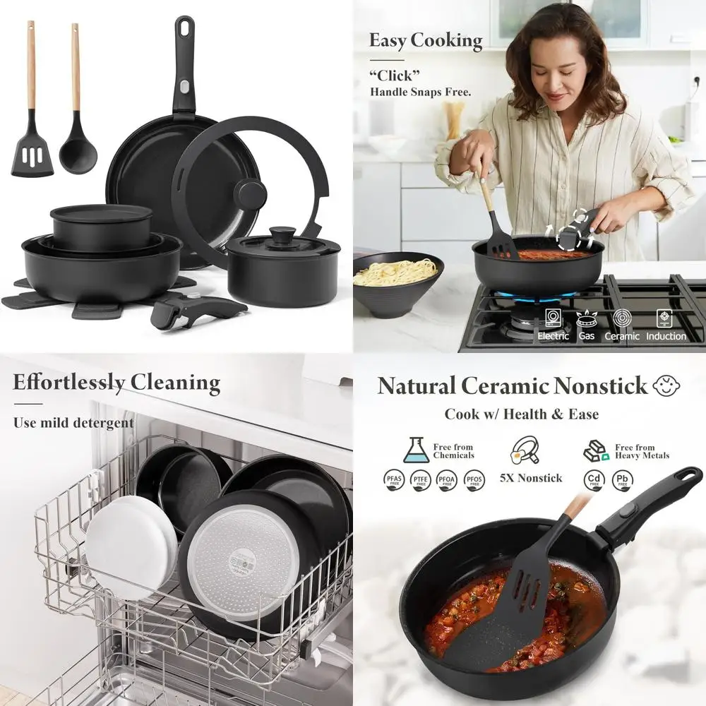 

Black 17-Piece Nonstick Cookware Set, Healthy, Non-Toxic, Removable Handle, Induction Compatible, Dishwasher and Oven Safe, PFAS