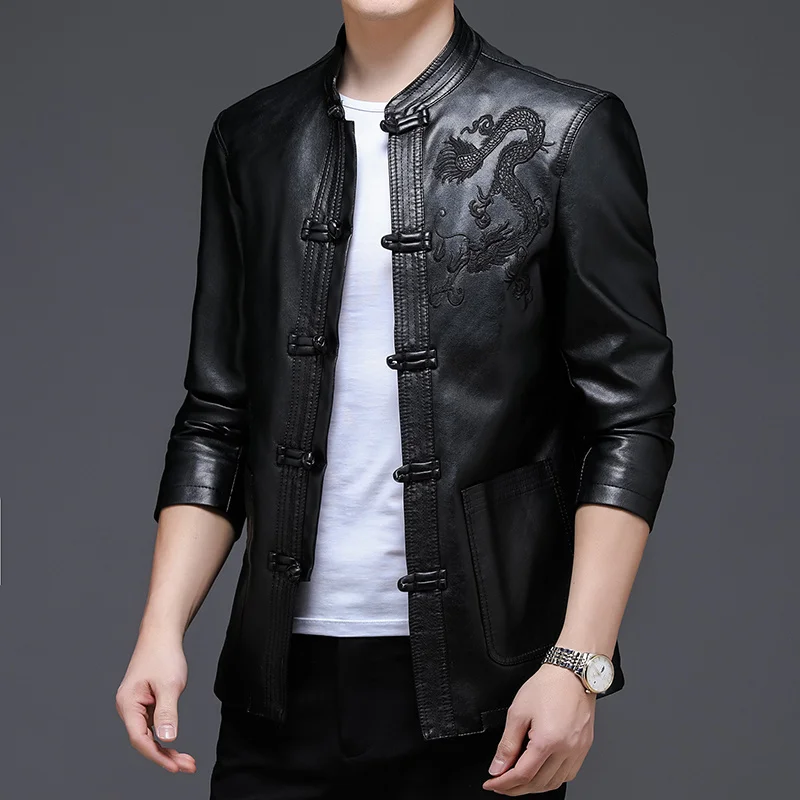 Top Grade Men Leather Jacket 2023 New Autumn and Spring Business Casual Classic Embroidered Pu Motorcycle Coat