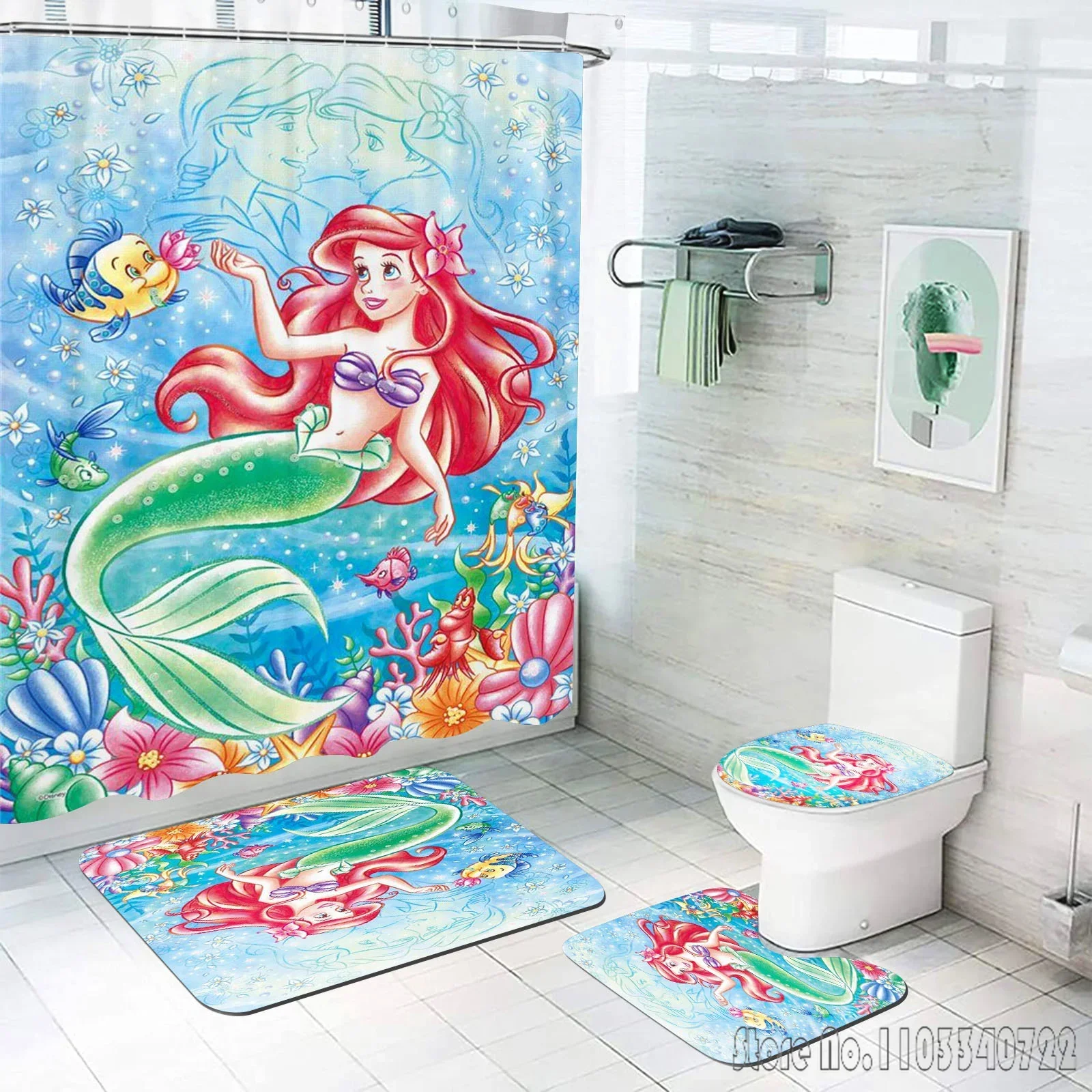 Mermaid Ariel Bathroom Accessories Shower Curtain Anime 4 Piece Set Mats And Curtains For Living Room Decor Sets Luxury Cute