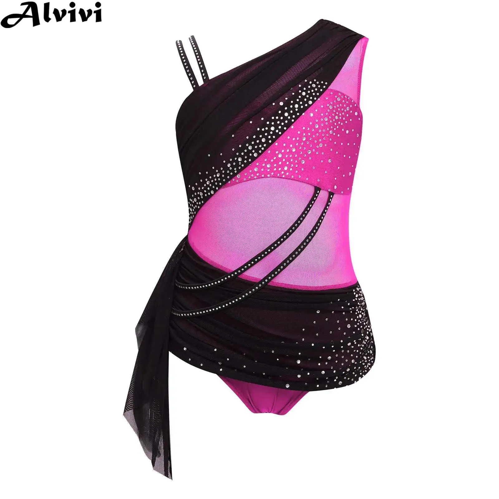 Children Girls Shiny Rhinestones Sheer Mesh Modern Lyrical Dance Leotard Figure Skating Gymnastics Acrobatics Bodysuit Dress