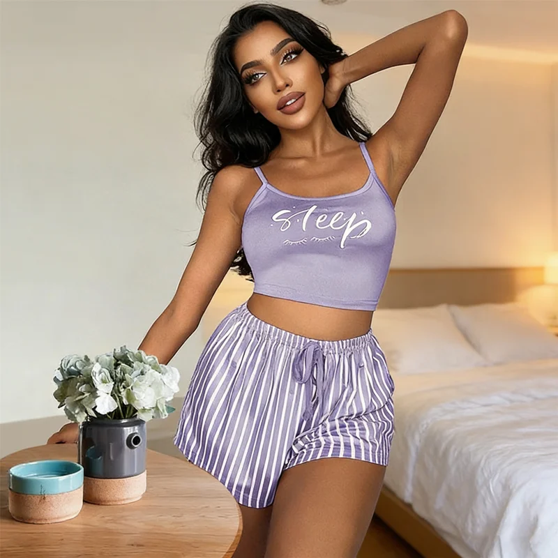 Casual Home Loungewear Women Summer 2 Piece Outfit Letter Print Spaghetti Strap Cami Top And Striped Shorts Pajama 2