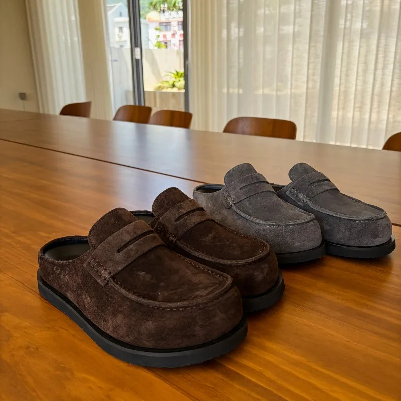 British Old Money Style Men Fashion Slippers Cow Suede Leather Backless Loafer Mules Slip-On Casual House Outdoor Shoes