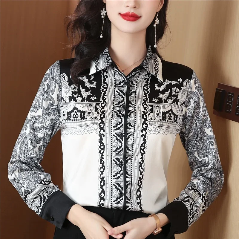 

Vintage Print Long Sleeve Ladies Shirt Fashion Casual Office Blouse Tops