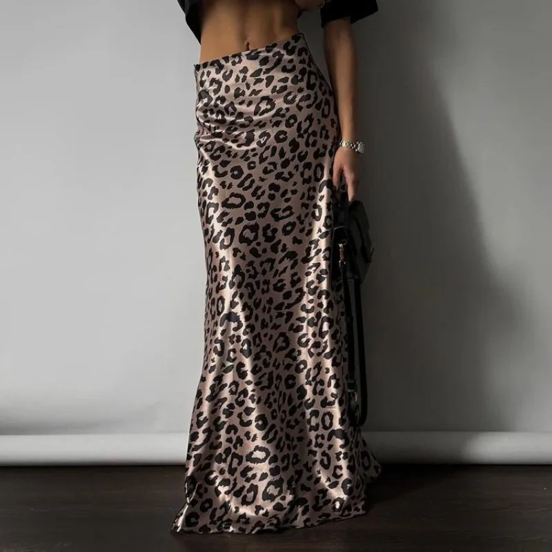 Talenza Fashion Leopard Print Satin Skirt Women's Sexy Retro Print Maxi Skirt Casual Streetwear Party Slim Leopard Print Skirt
