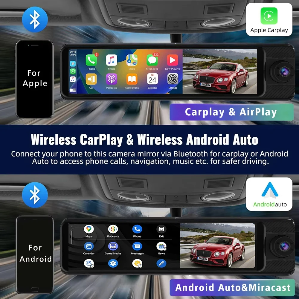 كاميرا مرآة ذات 3 قنوات مقاس 11 بوصة مع كاميرات أمامية 4K وخلفية 1080 بكسل داخل المقصورة ورؤية ليلية محسنة ومستشعر G وشاشة ركن السيارة، Tr