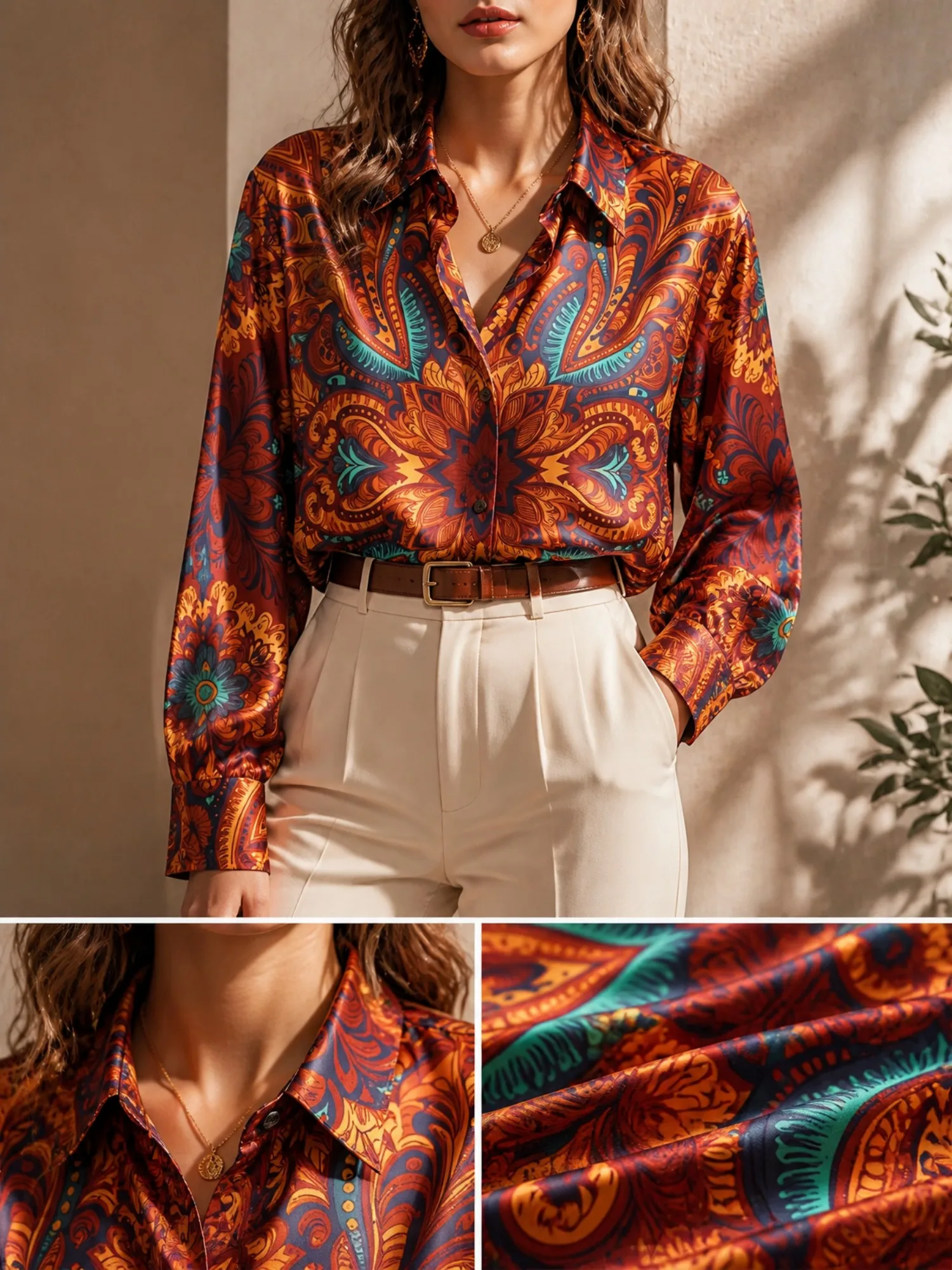 Rust Orange Paisley Satin Blouse for Women Long Sleeve Button Down Shirt Boho Ethnic Office Party Elegant Silk Top New Chic Look