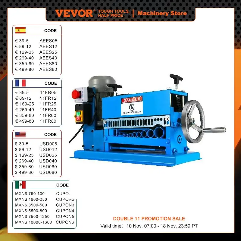 VEVOR Electric Wire Stripping Machine 370W 1.5mm-38mm Cable Stripper Peeling W/ 11 Channels & 10 Blades Removing Plastic Rubber