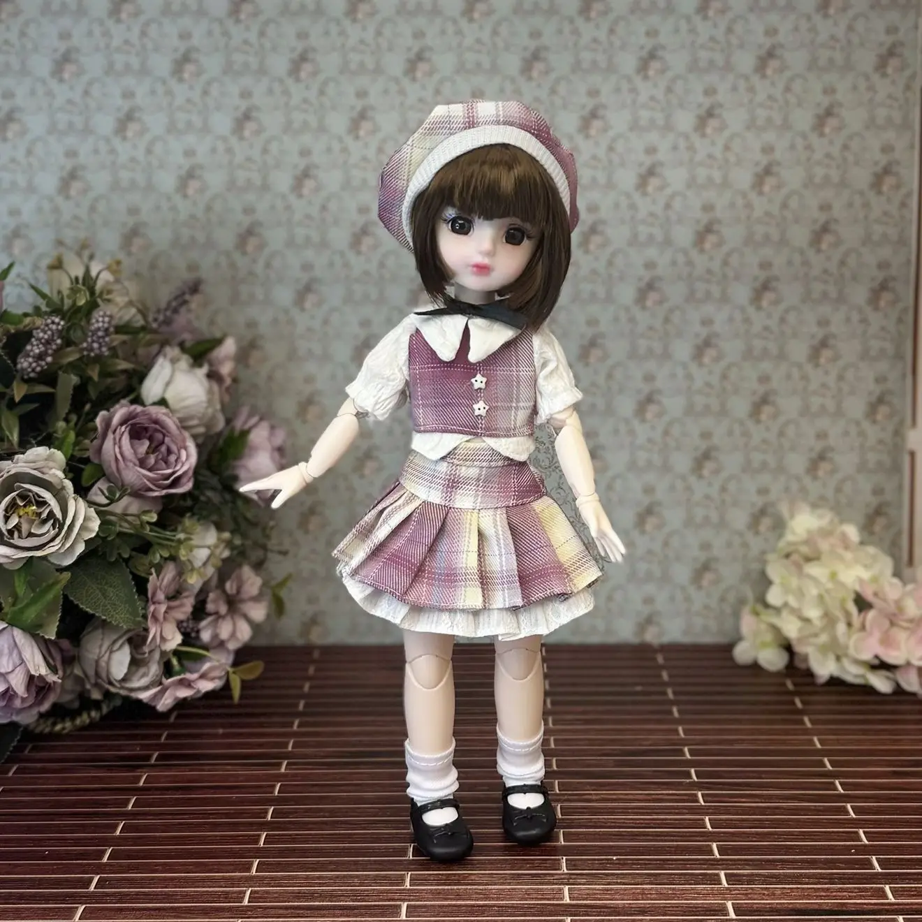 30Cm Fashion Bjd Doll Complete Set, Plaid Jk Uniform Suit with Shoes, Kawaii Short Hair Doll, Dress Toy for Girl Birthday Gift