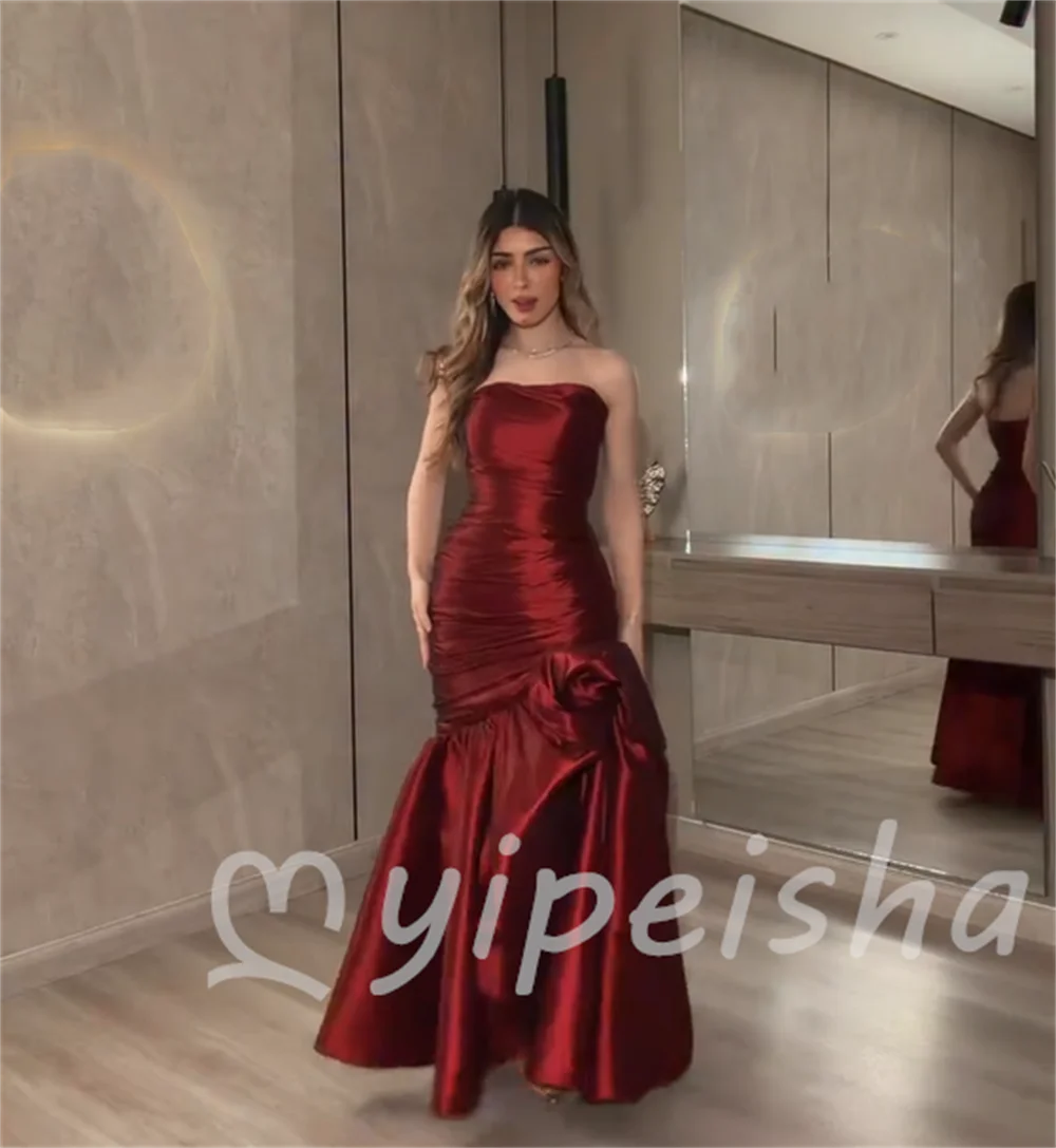 Red Matching Simple Charmeuse Pleat Draped Mermaid Strapless Floor-Length Evening Dresses For Birthday Party Guest Customized