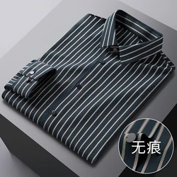 High Elastic Anti Wrinkle Shirt Men Long Sleeve Shirts Business Casual Stripe Luxury Men's Clothing Dress Social Shirt S-4XL