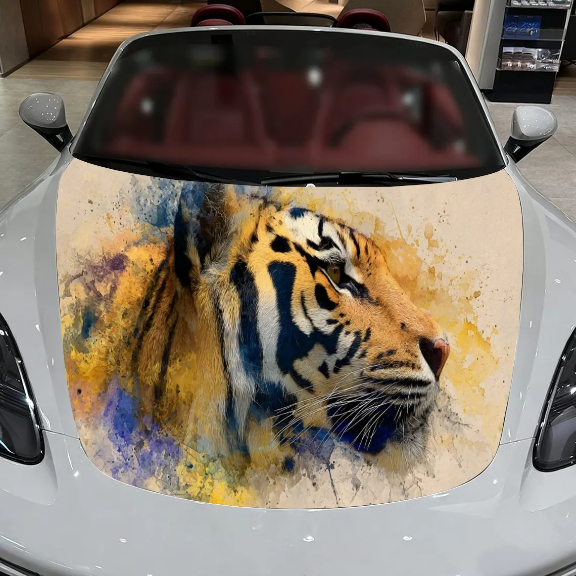 

Car Decals A Tiger In Vibrant Abstract Art Close - Up With Bold Color Splashes And Expressive Style Car Hood Sticker, Waterproof