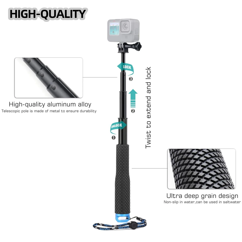 For GoPro Selfie Stick Aluminum Alloy Multi-angle Selfie Mount For GoPro Hero 13 12 11 10 9 DJI OSMO Action 5 4 3 Insta360 X4 X3