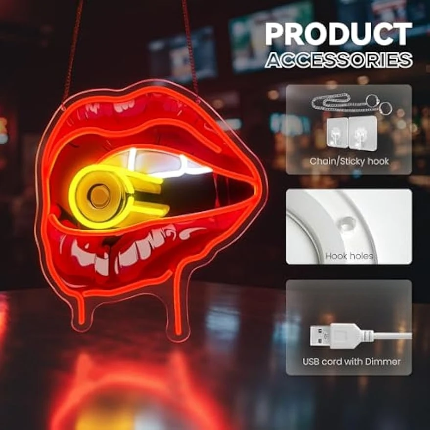 Red Lips with Eye Neon Sign LED Wall Art for Bar Bedroom Gameroom Man Cave Mysterious Romantic Decor Unique Gift