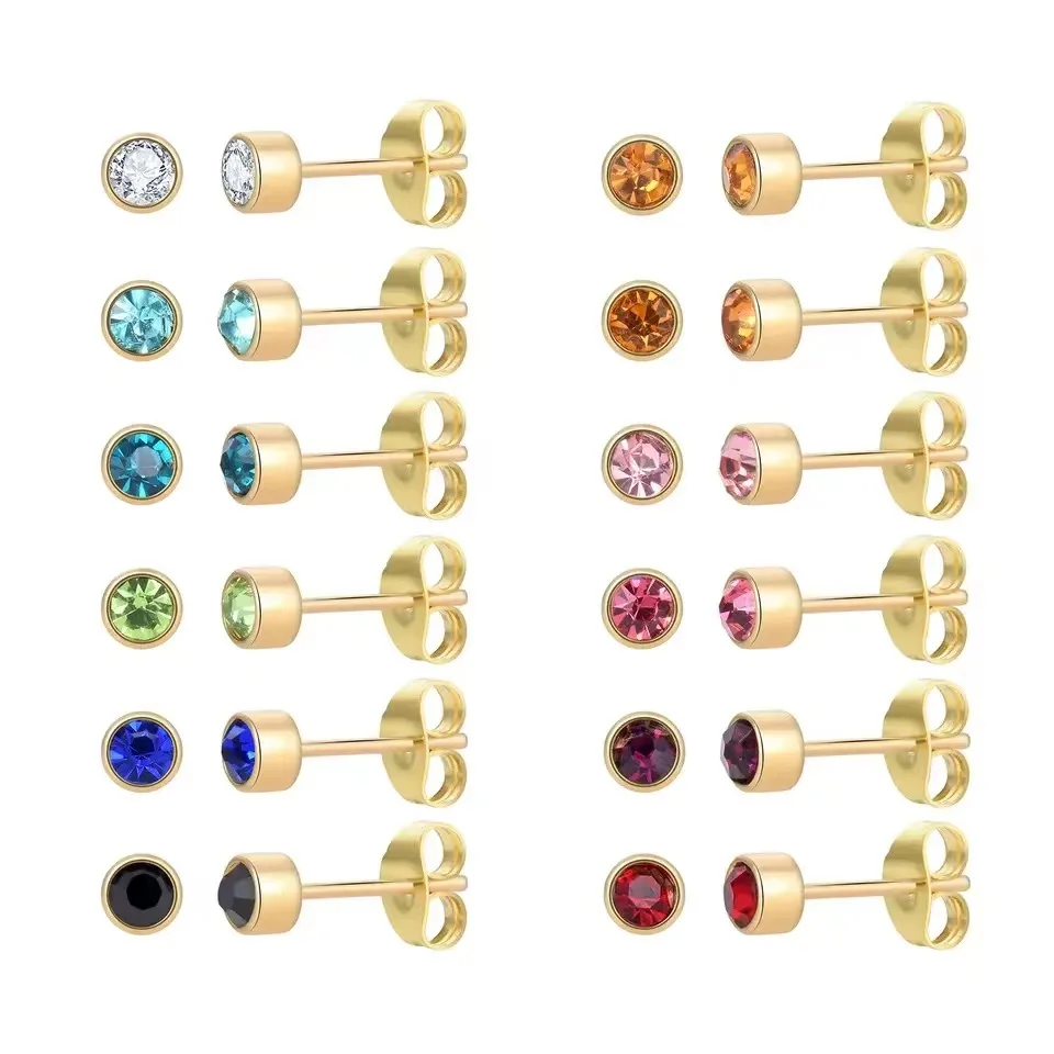 

12pair/lot Women Crystal Luckystone Stud Earrings Gold Color Stainless Steel 12 Birthstone Earrings For Girls Jewelry Gift