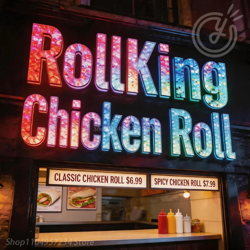 Outdoor Waterproof RGB Diamond Stainless Steel Letters RollKing Chicken Roll LED Neon Sign, Custom Logo Light Sign for Store
