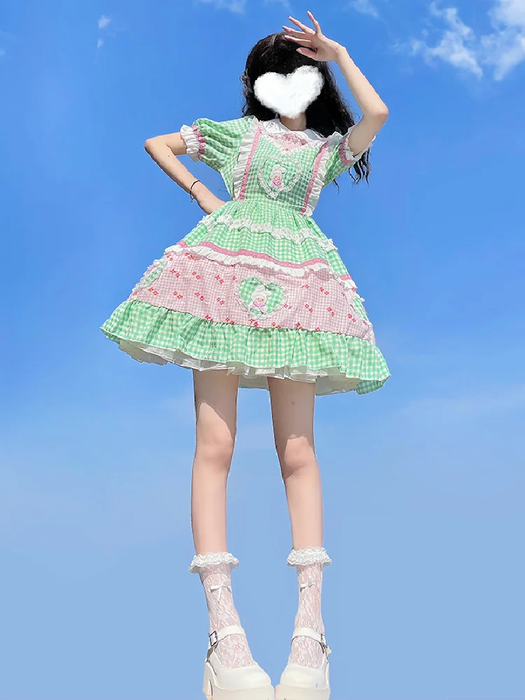 2024 Summer New Lolita Dress Doll Neck Fresh And Cute Checkered Short Sleeve Loli Tea Party Student Green Cotton Dress