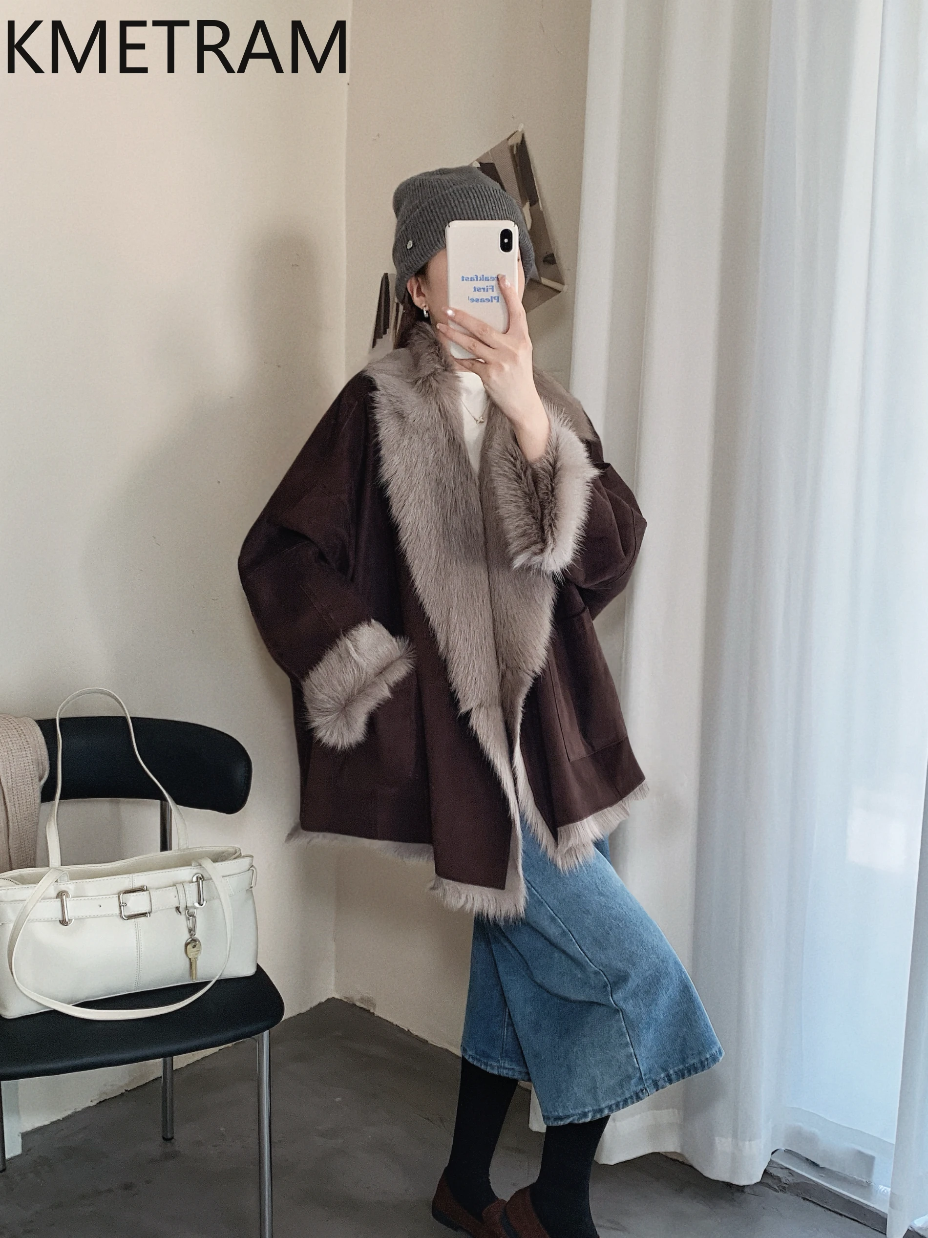 KMETRAM Natuurlijke geitenleer met wollen bevestigde jas Dames Luxe losse echt bontjassen 2025, nieuw in jassen Wintervrouwkleding