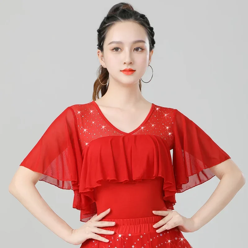 2025 Latin Dans Üst Örgü Fırfır Yaprak Kenar Dans Ulusal Standart Modern Yetişkin Giysileri Kadın Siyah Beau Geri Performans Elbise