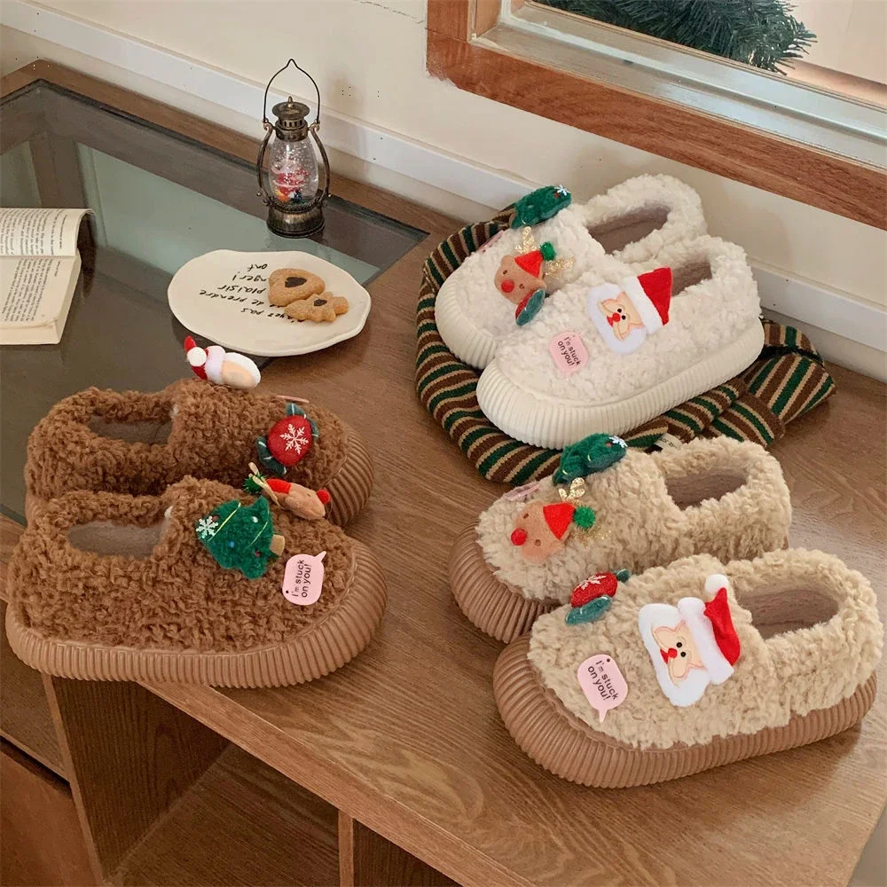 Winter Cotton Warm Plush Fur Antiskid Christmas Slippers Deer Antler Cotton Mops Outdoor Breathable Sole Soft Home Couples Shoes