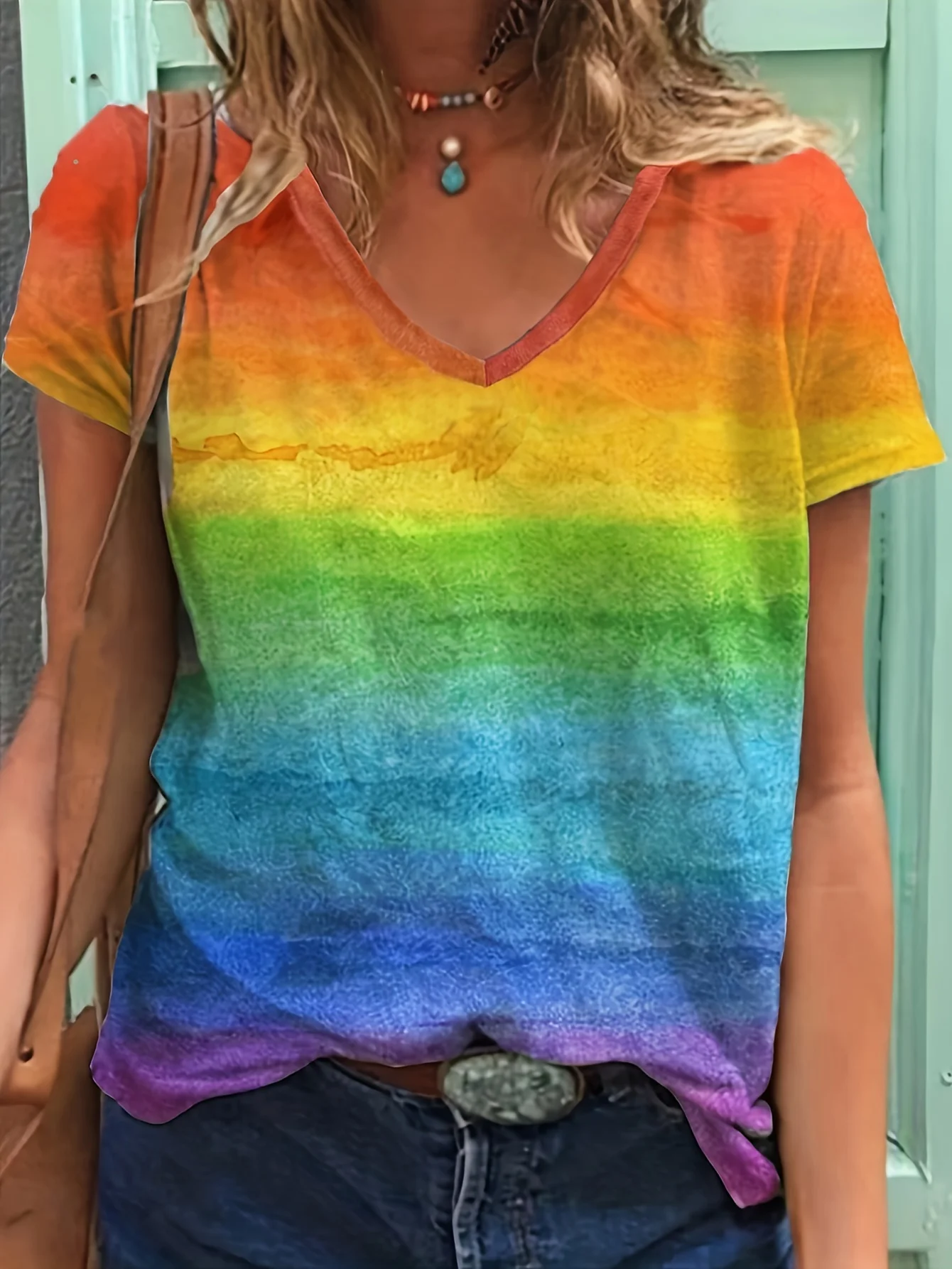 2024 New Style Women Rainbow Print Women\'s T-Shirt Cat Graphic Oversized T-Shirt Top Women Clothing Design Plus Size V Neck Tee
