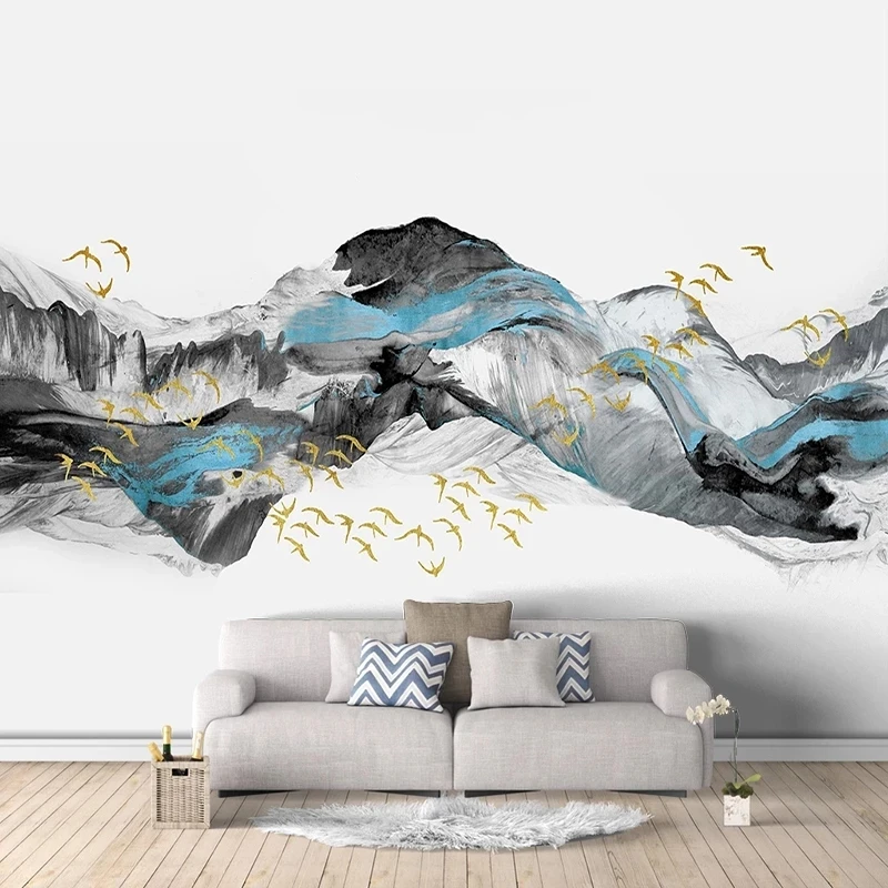 Customized Wallpaper Chinese Abstract Blue Artistic Landscape Birds Bedroom Mural Living room sofa TV background wall restaurant