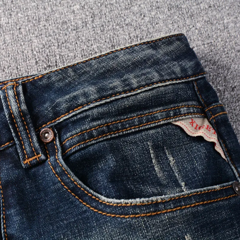 Italian Style Fashion Men Jeans Retro Washed Blue High Quality Stretch Slim Fit Ripped Jeans Men Vintage Designer Denim Pants