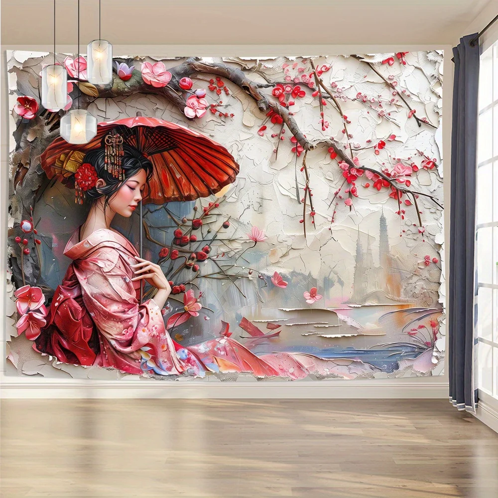 Vintage Japanese Geisha Tapestry – 3D Effect Wall Hanging Art with Umbrella Design,  for Living Room or Bedroom Decor