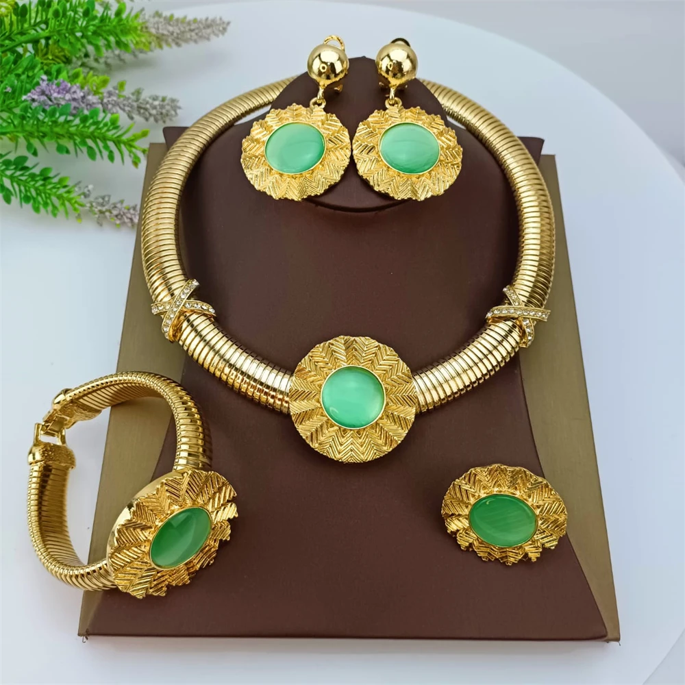 EMMA الفاخرة دبي نيجيريا مجموعات مجوهرات الزفاف 4 قطع الزفاف الأخضر حجر عباد الشمس قلادة مجموعات للنساء مجموعات مجوهرات الحفلات
