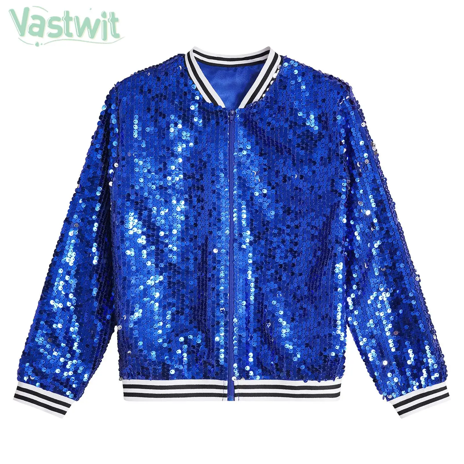 Children Girls Hip Hop Jazz Street Dance Outerwear Long Sleeve Zipper Sequin Baseball Jacket Cheerleading Performance Costume