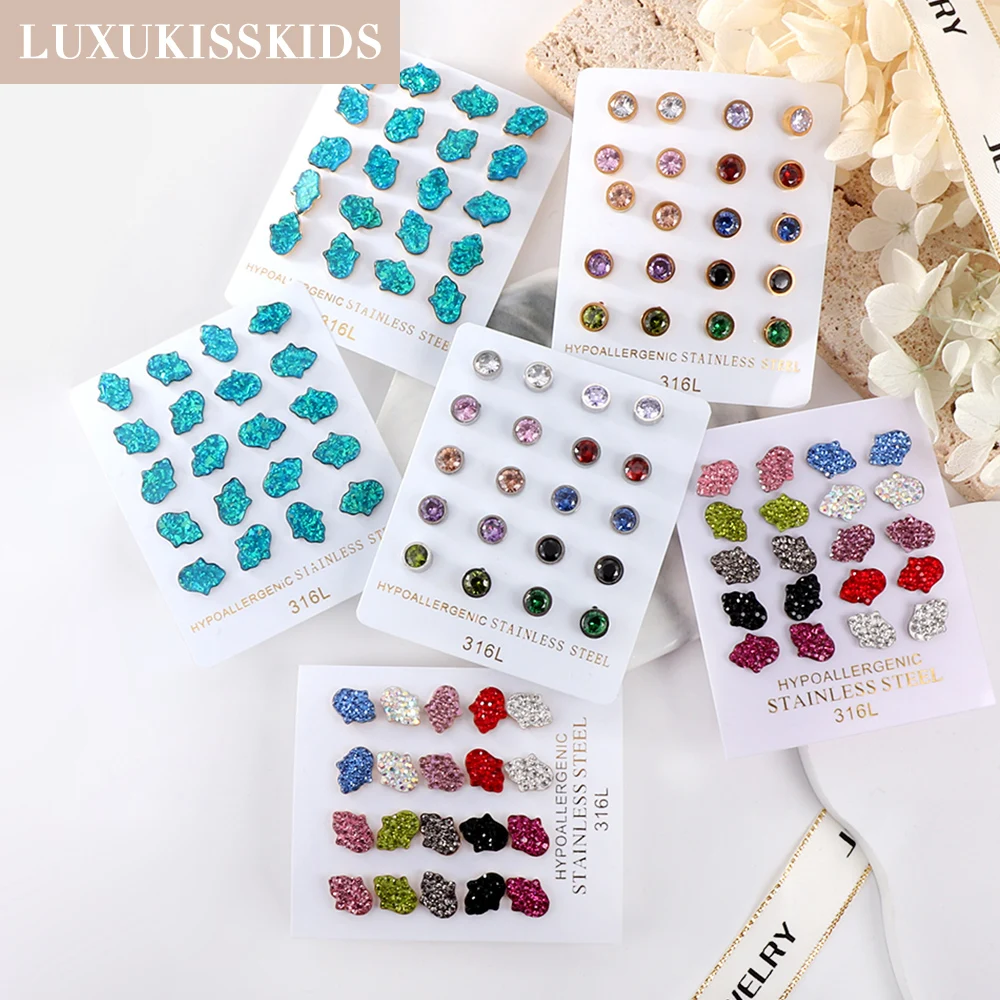 LUXUKISSKIDS 10Pairs Blue Fatma Hand Stud Earrings Sets Wholesale Jewelry Accessories Colorful Rhinestone Round CZ Ear Piercing