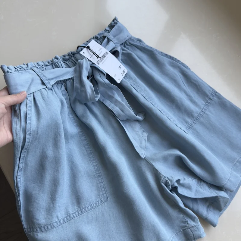 アイスシルクレースアップデニムショーツ夏の女性の弾性ハイウエストカジュアルワイドレッグショーツ特大ルーズショートパンツ S-3XL