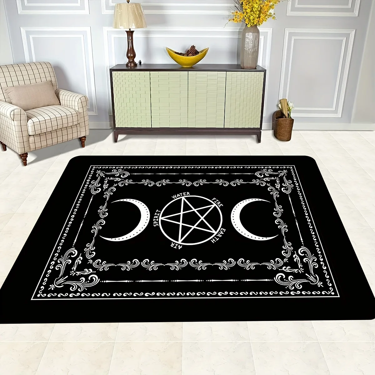 Gothic Moon Phase Pentagram Door Mat, Mystical Witch Altar Black Floor Rug, Occult Symbol Entrance Carpet for Living Room Home