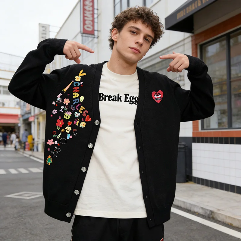 

Break Egg Men's Cardigan Casual V-Neck Button Up Loose Fit Wool Blend Streetwear with Hand-Embroidered Heart Colorful Print