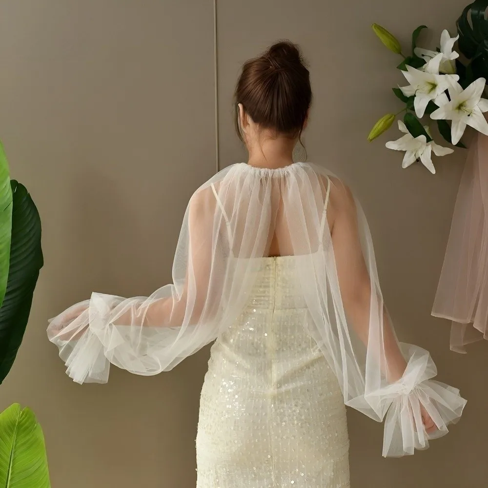 Trendy Long Puff Sleeve Half Top Blouse Lightweight Soft False Collar Solid-colored Ruffled Design Detachable Collar Wedding