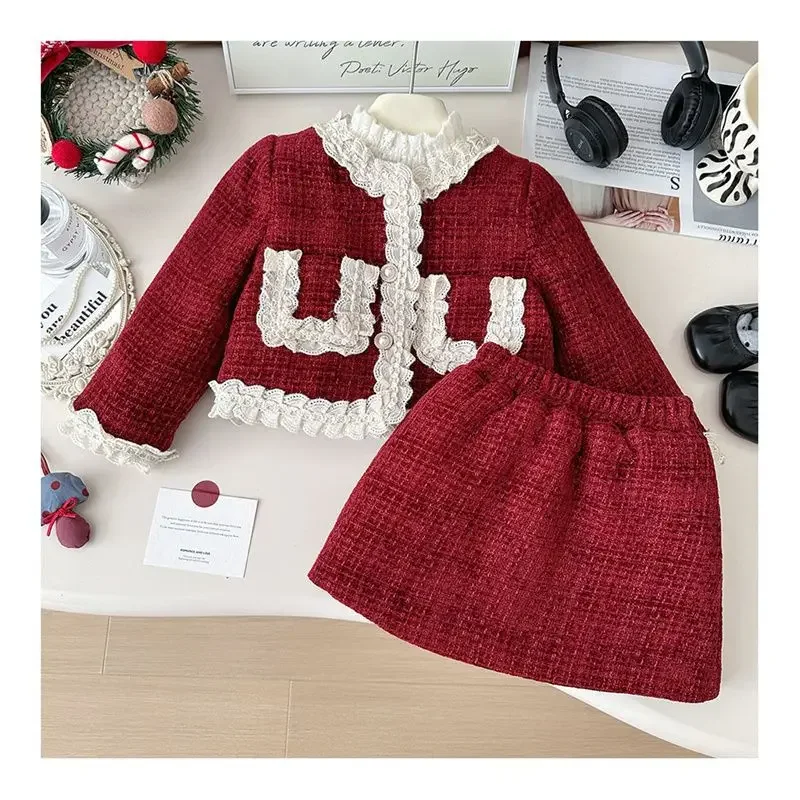 2024 Elegant Girls Baby Autumn Winter 2pc Clothing Set Sweet Lace Thick Warm Coats+Skirts,Kids Children Birthday Clothes Outfits