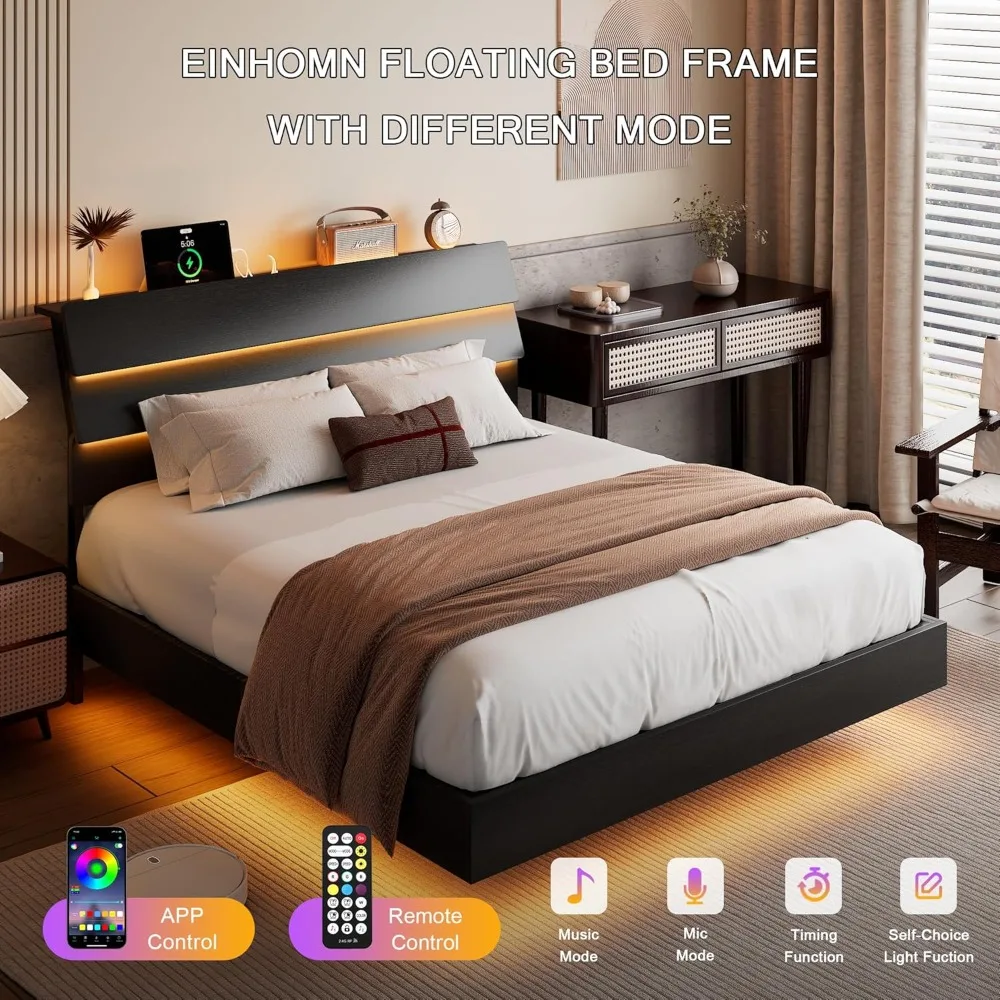 Floating Bed Frame Full Size with Led Headboard and Charging Station, Metal Platform Bed Base with Storage, Remote Control
