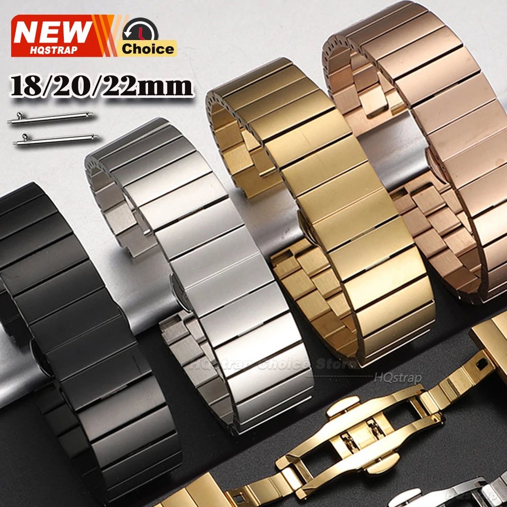 Bracelet de montre en acier inoxydable massif avec boucle papillon dorée 18mm 20mm 22mm pour Seiko, bracelet pour Rolex avec bouton pliant à double pression