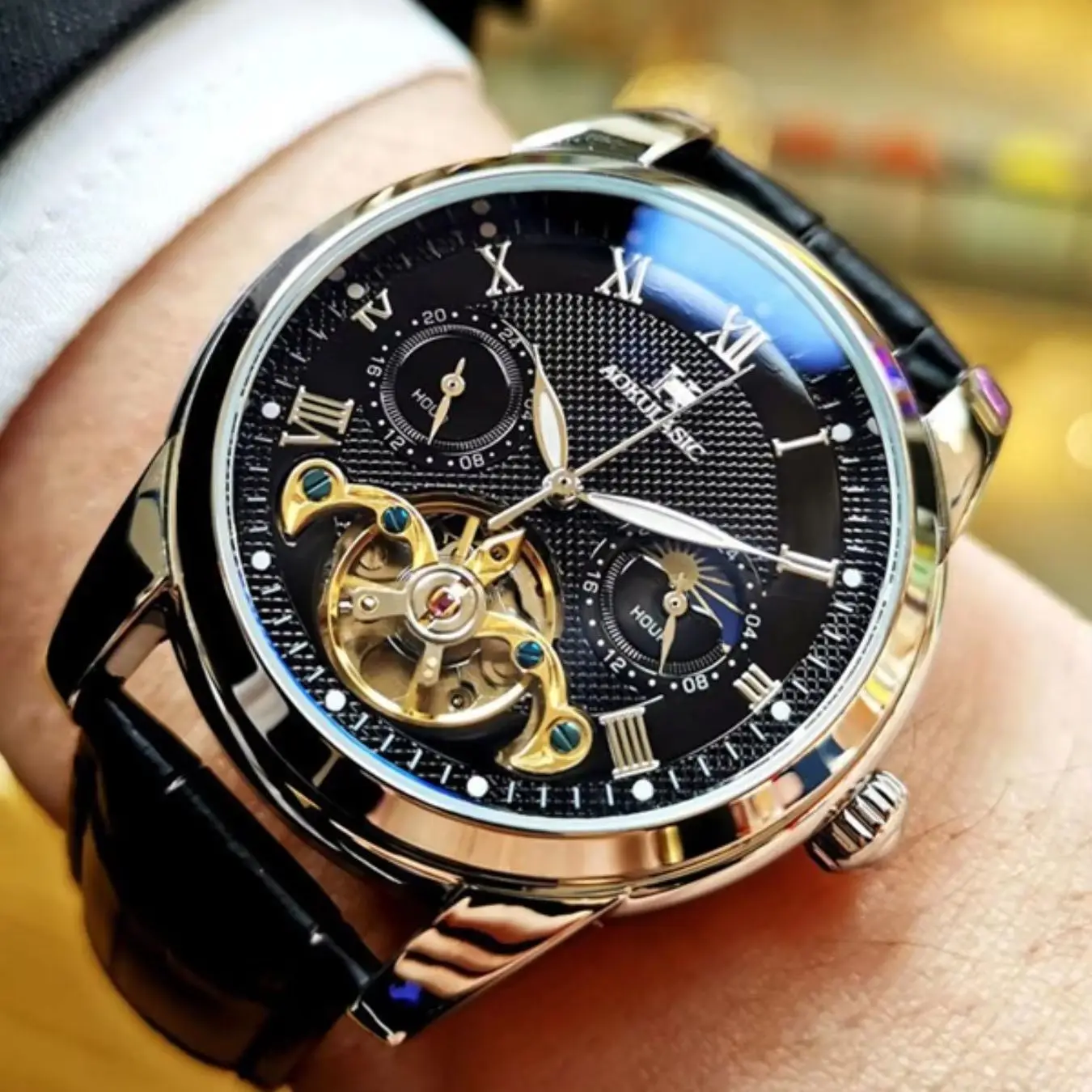 

Механические часы с полым турбийоном [24] в коммерческом стиле — мужской дизайн-скелетон, 24 часа, полый корпус