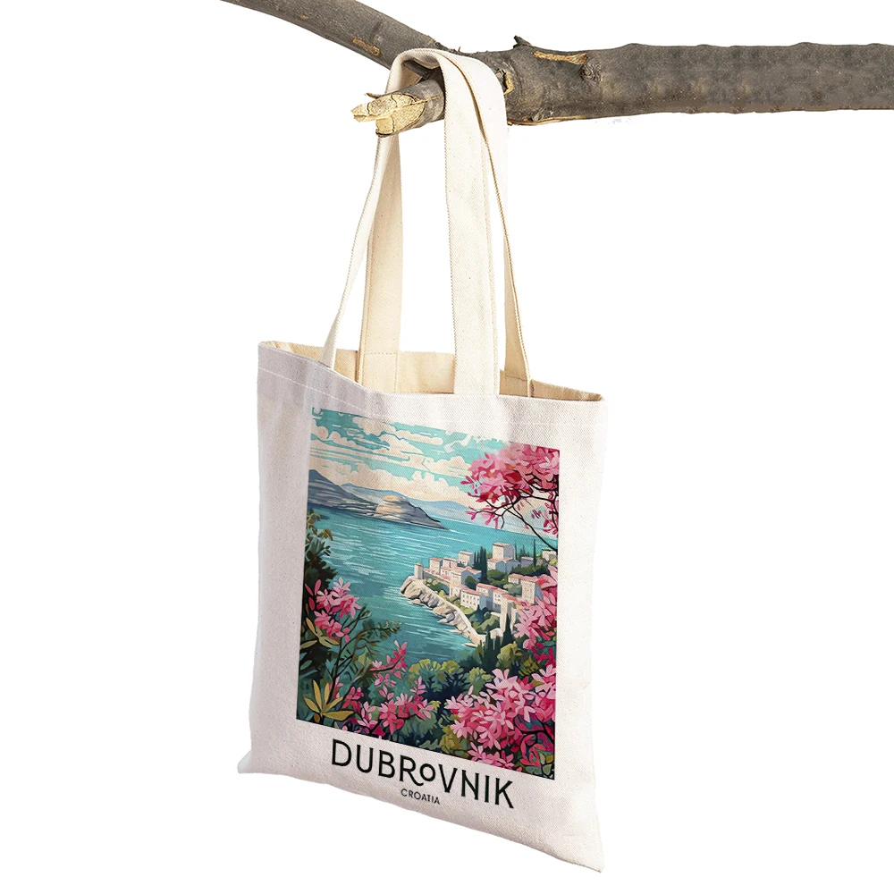 Vintage Landscape Shopper Bag Berlin Athens Rome Dubrovnik Women Shopping Bags Double Print Linen Handbags Shoulder Lady Tote