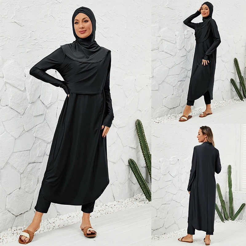 Burkini manga comprida Split Swimwear, Três Peças de Natação Cap, Mergulho Surf Swimsuit, Outdoor Swimwear muçulmano, Proteção solar, Novo